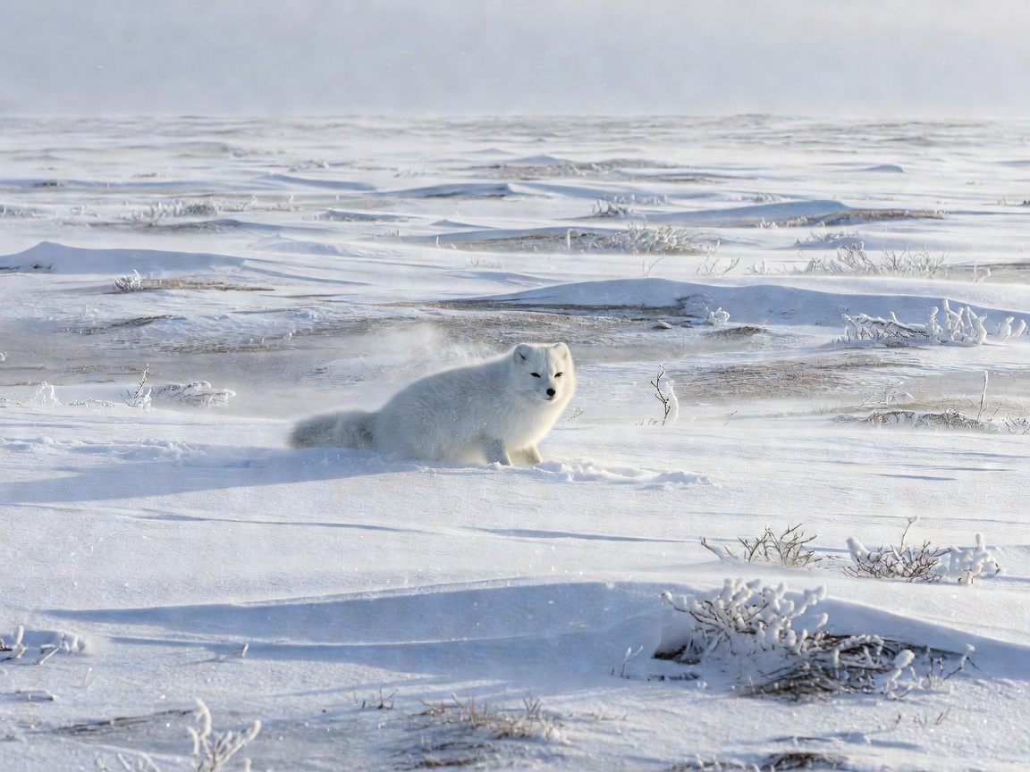 Arctic fox seen within an open tundra landscape rather than in a close portrait