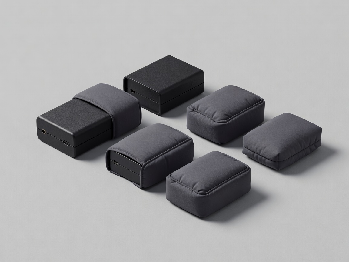 Three-dimensional studio render of individual camera battery cases beside insulated sleeves