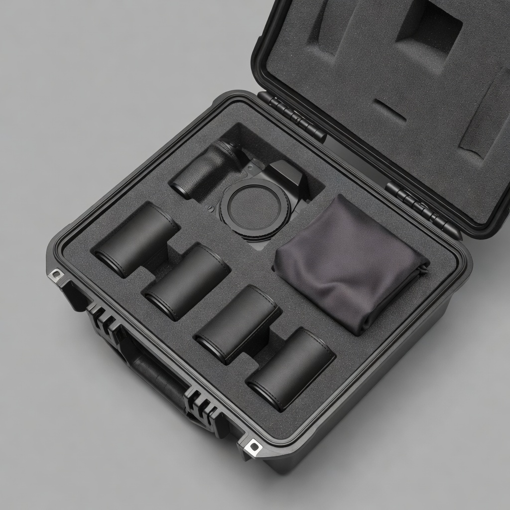 Top-down studio render of a neatly packed camera case with separate protected batteries and a small lens cloth pouch