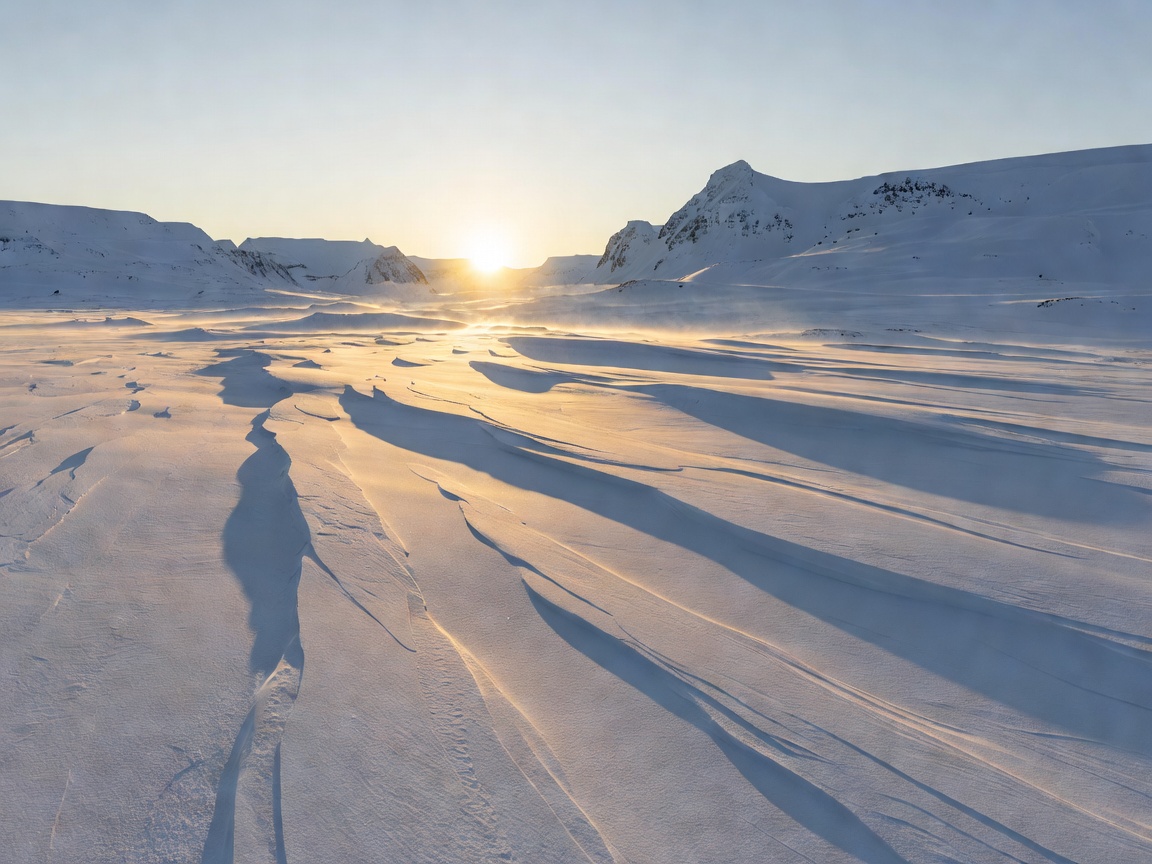 Low sunlight revealing gentle ridges and long shadows across a snowy Arctic mountain landscape