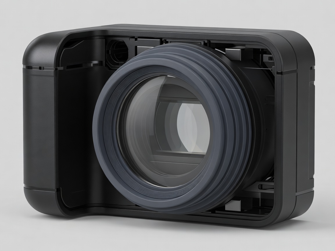 Soft-lit three-dimensional cutaway render of a camera housing with a sealed lens port and closing gasket